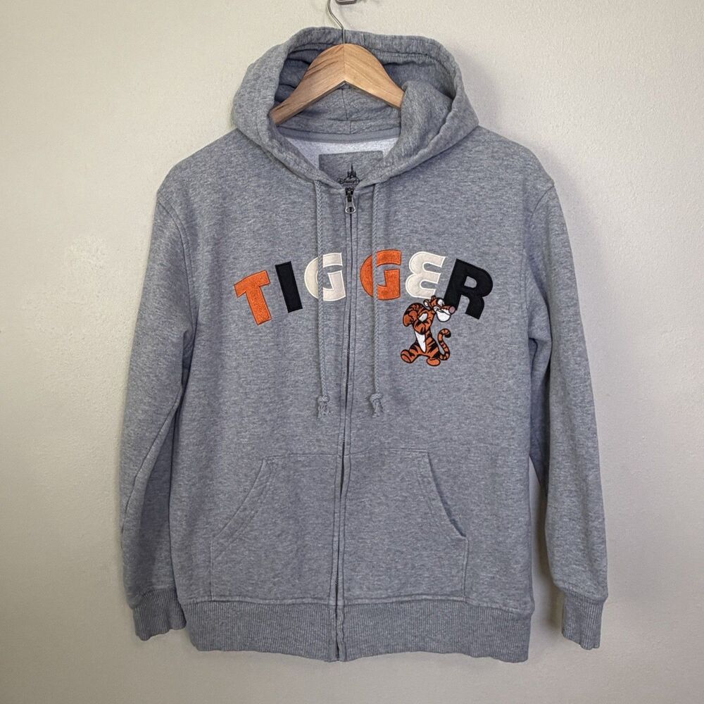 Disney Parks Tigger Full Zip Hoodie Gray Embroidered Applique Spellout Sz S
